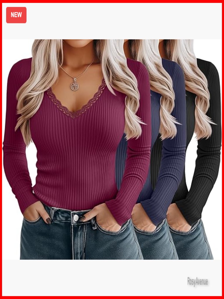 3pk Women's Long Sleeve V-Neck Tees Ribbed Knit Slim Fit Tops